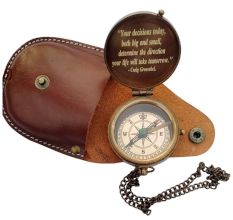 Brass Pocket Compass with Leather Case Quote
